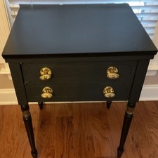 Sewing Machine Cabinet Makeover Into Black, Gray, And Gold Accent Table picture