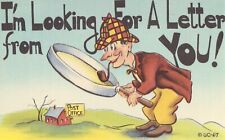 Linen Comic Postcard - Looking for a Letter from You Man with Magnifying Glass picture