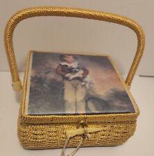 Vintage Woven Wicker Sewing Basket Box Tapestry Boy w/Dog Large liner PLUS. USA picture