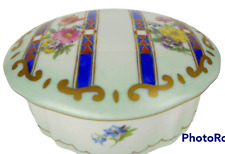 Vintage Elios H&F Hand-Painted Porcelain Floral Jewelry/Trinket Box Blue w/Lid  picture