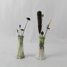 Lot of 2 Vintage Hand Painted Ceramic Hat Pin Holders With 11 Hat Pins picture