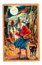 c1908 Tucks #160 Halloween Postcard Witch Broom, Bat, Black Cat, Embossed picture