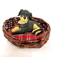 Vintage Rottweiler Dog Figurine Laying In Plaid Padded Wicker Dog Bed 4