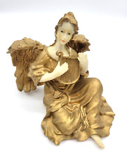 Vtg Golden Angel Figurine Statue Holding Harp Resin Christmas Holiday Pretty 5