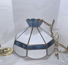 Vintage 16” Stained Slag Glass Blue & White Hanging Swag Lamp Shade Ceiling picture
