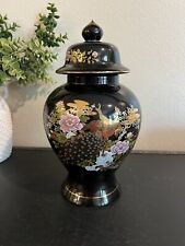 Vintage OMC Japan Black Ginger Jar, Peacock & Flower Design picture