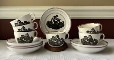 Antique Crown Staffordshire 12-piece Porcelain Grisaille Teacups & Saucers picture