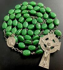 Vintage Clover Impression Green Milk  Glass Rosary, Erin Celtic Crucifix picture