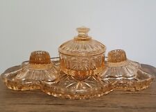 Stunning Vintage Depression 1950s Pink/Peach  Four Piece Glass Table Vanity Set picture