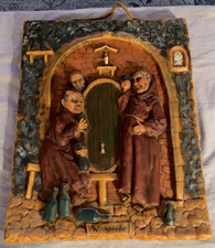 Unique Vintage German Wax Art Wall Plaque Monks Wine Tasting picture