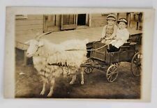 Antique RPPC Made In USA Two Boys Children on Wooly Goat Pulled Cart Real Photo  picture