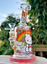 Hello Kitty Glass Water Pipe w/ 14mm Bowl 6.25" Bubbler Hookah Rainbows & Hearts picture