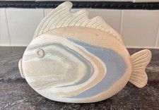 Ceramic Fish Marine Goldfish Sculpture Figurine Signed Art Decor Blue Beige Lake picture