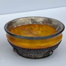 Buddhist Lama Ritual Amber Dust Bowl with Turquoise and Coral and Silver 3” H picture