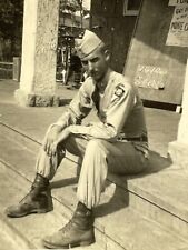 XA Photograph Handsome Military Man Uniform Sitting On Steps After Dentist Boots picture