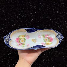 Vintage German Porcelain Dish Hand Painted Floral Cobalt Blue Germany 12”L 2”T picture