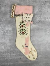 VTG 40s Christmas Stocking Felt Pink Bunny White Kitten Xmas Tree Bells MCM OOAK picture