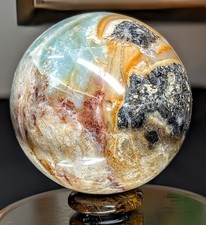 High-Grade Ocean Jasper Sphere w/ Pyrite Inclusions-- UV Reactive-- 70 mm, 468g picture