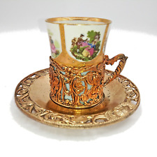 Vintage French Porcelain Demitasse Corting expresso cup w/ Brass Holder & saucer picture