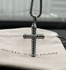 David Yurman 925 Silver Chevron Pave Diamonds Cross Pendant & Chain 22 Inches picture