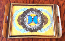 Vintage Brazilian Butterfly Wing Art Tray Inlaid Wood Glass 20 x 13