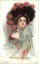 1908 Art Nouveau Postcard Beautiful Woman Flower Hat Greetings picture