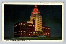 Decatur, IL-Illinois, Staley Building At Night Antique c1937, Vintage Postcard picture