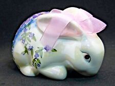 Vintage Porcelain Bunny Figurine  Purple Orchids Blue Background Pink Ribbon 6