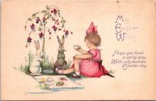 Easter Girl Having Tea Party With White Grey Rabbits Bunny c1910s postcard PP1 picture