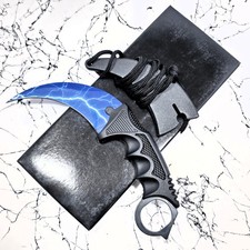 7.5" NEW Blue Lightning Karambit Fixed Blade Knife Finger Ring Sheath EDC picture
