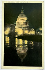 U.S. Capitol Building at Night Reflection Landscape Lamp Posts 1932Postcard picture