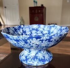 Vintage Chinoiserie Blue And White Ceramic Floral Pedestal Centerpiece Bowl picture