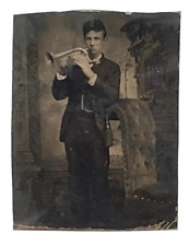 Vtg Bugle Trumpet Tintype Photo Antique  Man Musician Instrument Music Performer picture