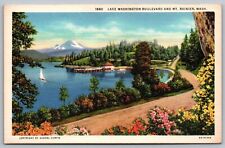 Mount Rainier Washington Lake Washington Scenic Landscape Linen Postcard picture