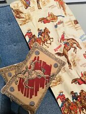 VINTAGE PAIR (2) 64” CURTAIN PANELS COWBOY WESTERN FABRIC 1950s + THROW PILLOWS picture