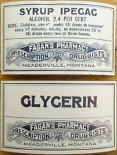 Meaderville, MT 1910 Drug Store Fagan's Pharmacy, Pair Medicine Labels, Montana picture