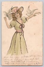 Postcard Pretty Lady Doves Glitter c 1908 picture