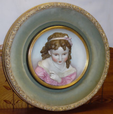 Vintage Antique Porcelain 3D Bisque Relief Portrait Of Girl Framed Wall Plaque picture