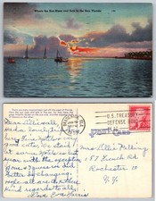 Where the Sun Rises and Sets in the Sea Florida Boats Tichnor Postcard picture