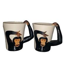 Pier 1 Imports Monkey Set of 2 Jungle Wildlife Monkeys Mugs Cups Handpainted picture