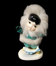 Vtg Norcrest Japan Eskimo Girl & Fish Ceramic Figurine Blue with White Faux Fur picture