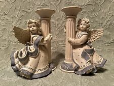 Vintage Sarah's Angel Blue & White Candle Holders w/ Rose and Violet Design picture