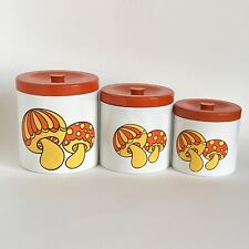 Vintage Set of 3 Mushroom Canisters Lacquerware 70’s Orange Yellow SS picture