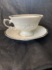 Walbrzych White Platinum Rim Footed Tea Cup & Saucer Raised Pattern Made Polland picture
