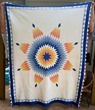 Hand Stitched Vintage Lone Star Quilt Blue Peach White Yellow 74