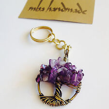 Amethyst Crystals Tree Of Life Keychain (Keyring) Antiqued Brass Wire Wrapped picture