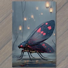 POSTCARD Robot Insect Bug Cyberpunk Steampunk Red Wings Lanterns Forest picture