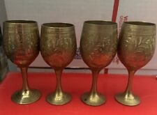 4” Tall 4 Solid Brass Gobblets W/Etched In Floral Type Design, Hand Crafted. picture