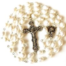 HANDMADE AAA 8-9MM Real Pearl NATURAL Pearls Rose Beads Rosary Crucifix Jesus... picture