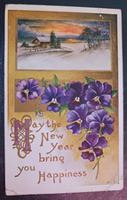 1909 postcard May New Year Bring You Happiness House Snow Scene Violets posted picture
